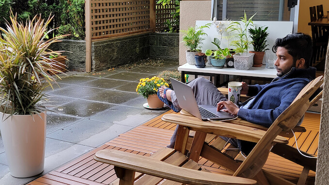 enjoying tea rainy day on the patio