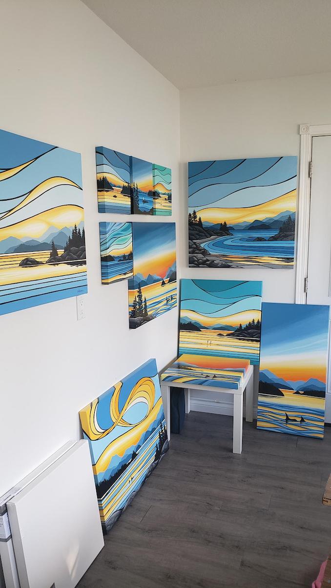 Finished paintings ready to be sent out to a gallery.