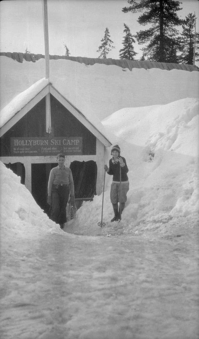 1927-1931-Man and woman in front of Hollyburn Ski Camp building