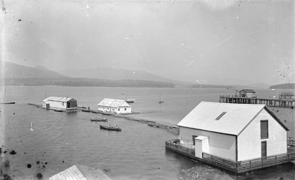 1890?-Swimming baths and boat rental floats in Burrard Inlet at the foot of Bute Street
