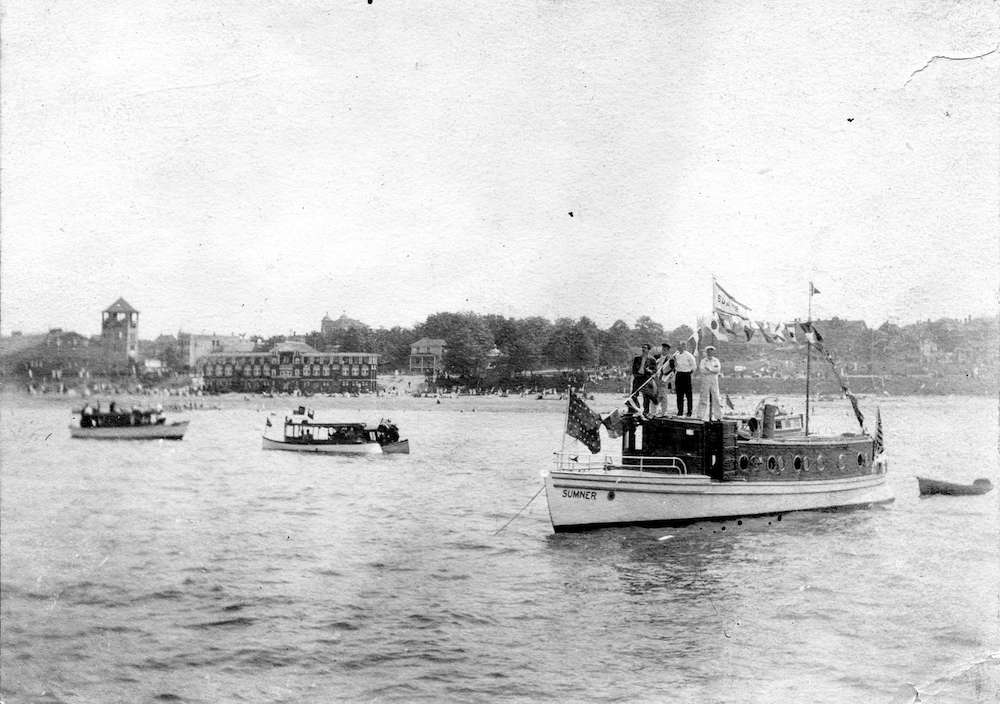 1905-Boats In English Bay - Photograph shows the tower of the Denman Arena and a boat identified as the Summer