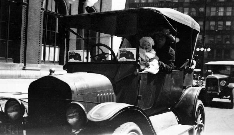 1925-Audrey Gowe and her mother, Flora in front of CPR station on Dominion Day