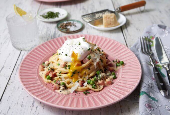Creamy Pasta with Ham, Peas and Poached Eggs