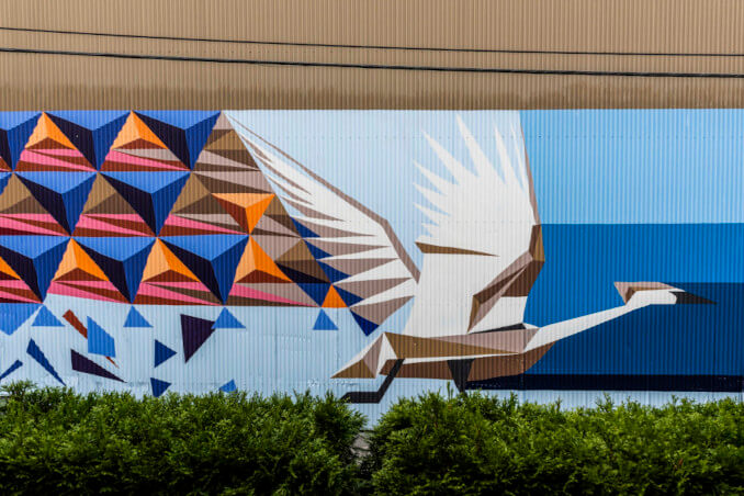 Completed at the Vancouver Mural Festival in 2020, this mural features a swan gliding on top of water before it takes flight. The geometric shapes are found in traditional Salish woven patterns, Victor shares on her website.