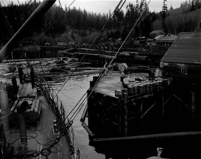 1945 - [Boat approaching] Pacific Mills [dock on the] Queen Charlotte Islands