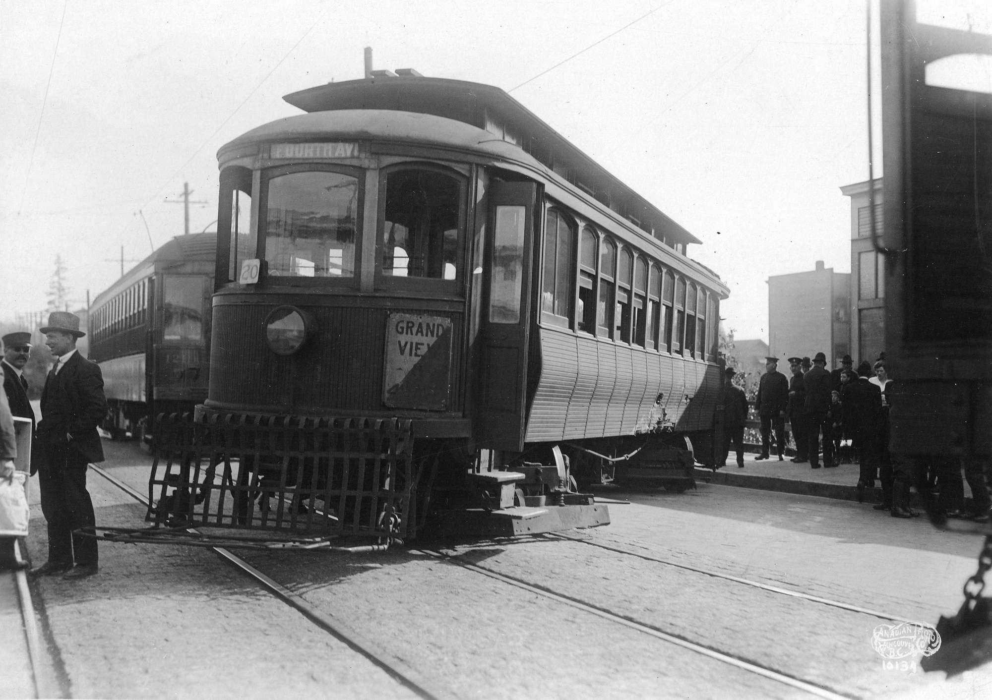1918 - A streetcar derailed after being hit by the No. 11 V.F.D. hosewagon at 12th Avenue and Commercial Drive