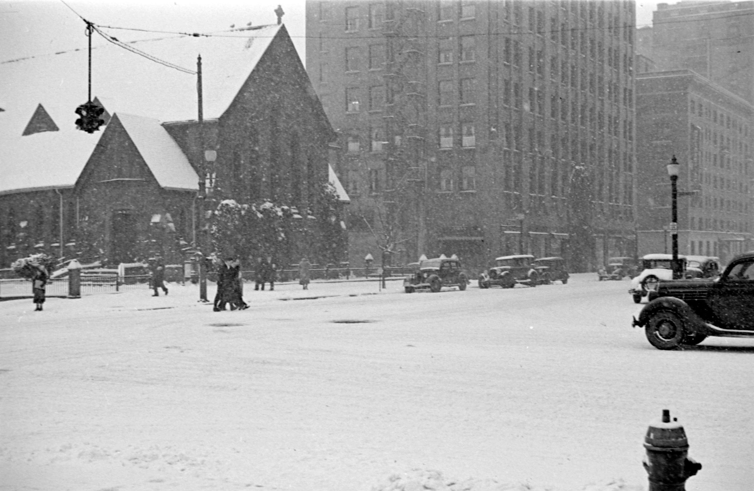 1937 - The corner of Georgia Street and Burrard Street in a snow storm