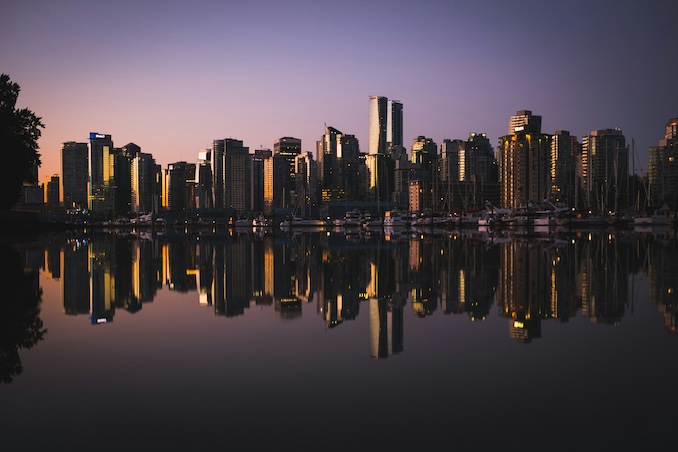 Vancouver city skyline at dusk.