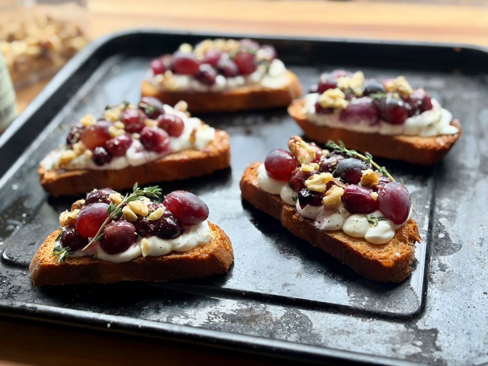 Recipe for Roasted Grape, Labneh & Walnut Crostini